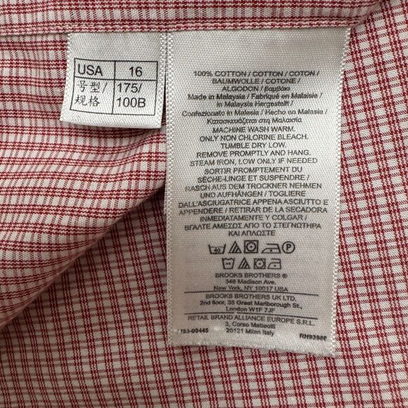 Brooks Brothers Milano Slim Fit Non Iron Dress Shirt Mens 16 34 Red Check Cotton - Picture 9 of 14